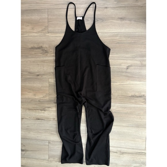 Pink Lily Pants - Pink Lily Day In The Life Waffle Jumpsuit Sz L Black Pockets